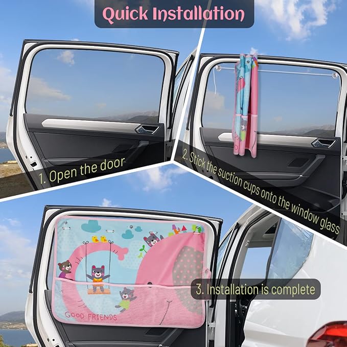 DIZA100 Car Sun Shade for Window Baby, 2 Pack Full Shade Window Shades with Storage Net Pocket, 7 Suction Cups, Cute Elephant for Sun/Heat/UV Rays Protection, Kids