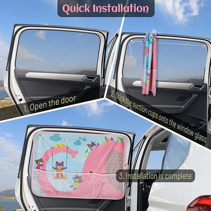 DIZA100 Car Sun Shade for Window Baby, 2 Pack Full Shade Window Shades with Storage Net Pocket, 7 Suction Cups, Cute Elephant for Sun/Heat/UV Rays Protection, Kids