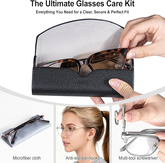 RayLove Ultimate Glasses Case Kit, Hard Shell Sunglasses and Eyeglass Case with Cleaning Cloth, Screwdriver, Ear Hooks