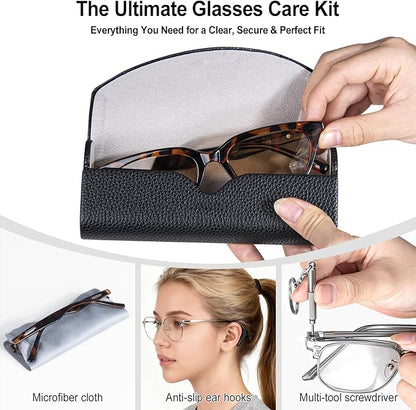RayLove Ultimate Glasses Case Kit, Hard Shell Sunglasses and Eyeglass Case with Cleaning Cloth, Screwdriver, Ear Hooks