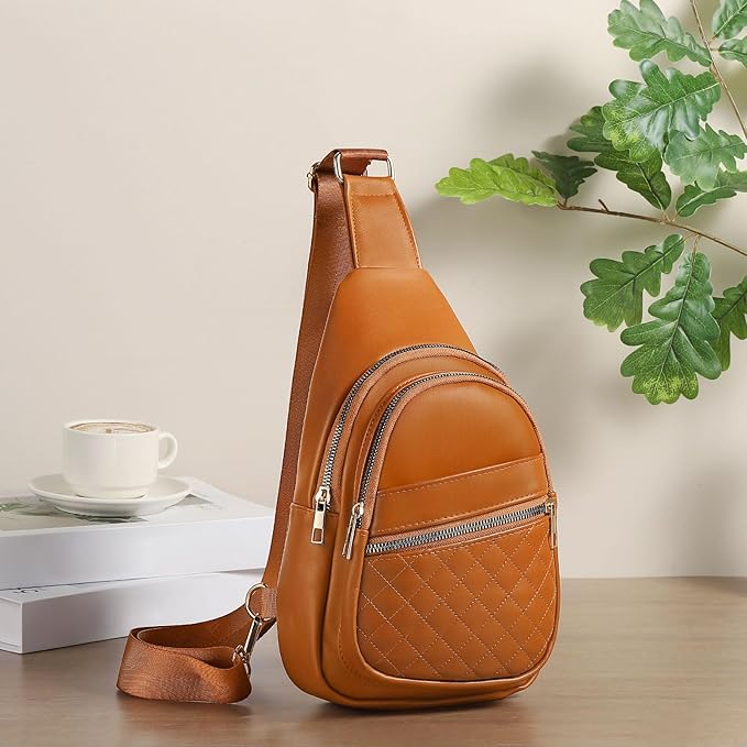 Crossbody Bags for Women Men,Leather Sling Bag Cross Body Backpack for Women, Casual Chest Bag Daypack for Travel Hiking, Brown