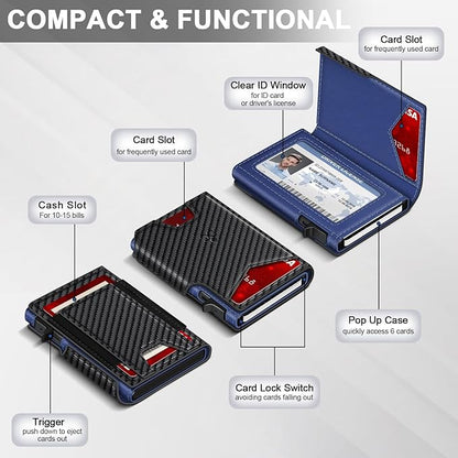 Wallet for Men Wallet with Slim Pop Up Card Holder 9-13 Cards, Bifold Minimalist Smart Wallet RFID Blocking Credit Card Holder with ID Window & Stretchable Cash Slot Compact Metal Aluminum Card Case