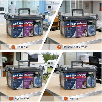 HEY FOLY 15qt Medicine Organizer Storage Box with Tray, Set of 2 Plastic First Aid Box Empty, Thickened Medicine Container Chest, Multipurpose Medical Case with Labels, Grey Medicine Caddy