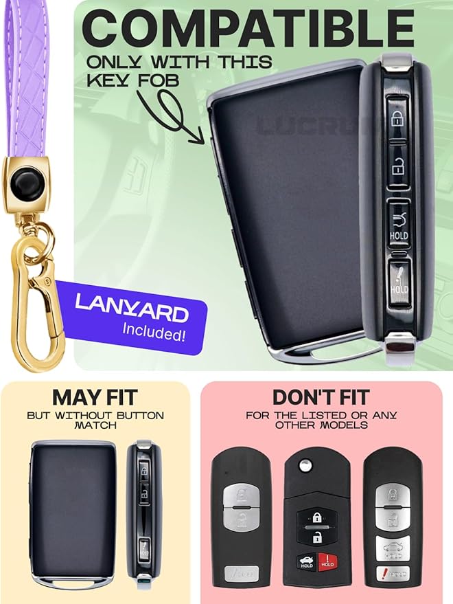 Lucrum Compatible with Mazda Key Fob Cover & Leather Keychain - TPU Case for 3, 6, CX-5 CX-9 CX-30 CX-50 CX-70 (2019-2025)