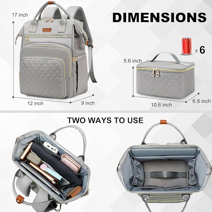 Lunch Backpack, 15.6 inch Laptop Backpack with Insulated Lunch Bag, Backpack Cooler for Women, Large Travel Backpack Lunch Box Compartment, Work Computer Backpack, Teacher College Book Bag, Grey