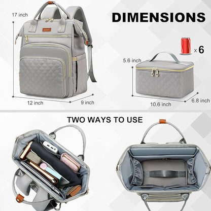 Lunch Backpack, 15.6 inch Laptop Backpack with Insulated Lunch Bag, Backpack Cooler for Women, Large Travel Backpack Lunch Box Compartment, Work Computer Backpack, Teacher College Book Bag, Grey