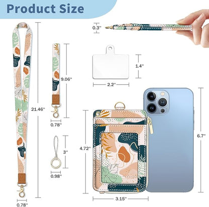 Lanyard Wallet with Id Badge Holder, Boho RFID Small Keychain Wallet Women Wristlet, Cute Zipper Credit Card Holder Phone Wrist Neck Strap for Key Name Tag, Teacher Student Office Gifts