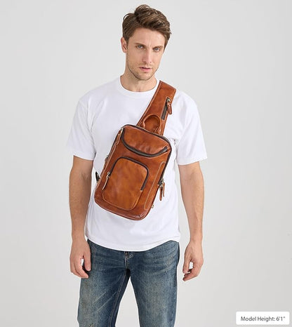 LANNSYNE Vintage Full Grain Leather Sling Bag Crossbody Chest Daypack | Vintage, Full Grain, Leather, Chest