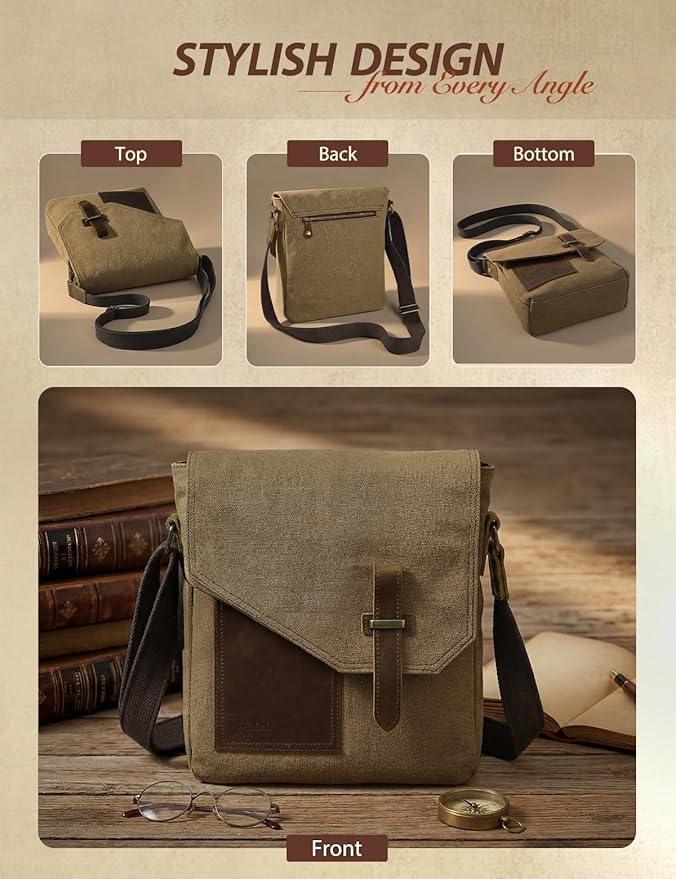 VASCHY Small Messenger Bag, Vintage Canvas Leather Lightweight Crossbody Bag