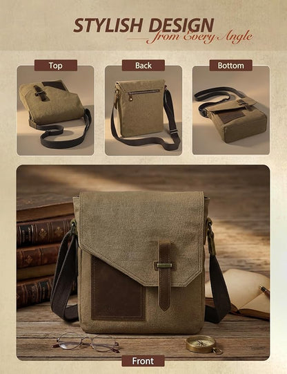 VASCHY Small Messenger Bag, Vintage Canvas Leather Lightweight Crossbody Bag