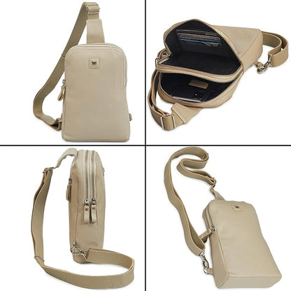 Leather Sling Bag for Women Genuine Crossbody Purse Small Trendy Cross Over Chest with Phone and Credit Card Slots (Beige Nappa)