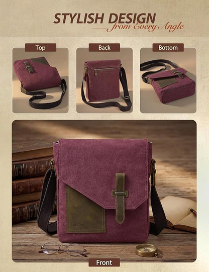 VASCHY Small Messenger Bag, Vintage Canvas Leather Lightweight Crossbody Bag