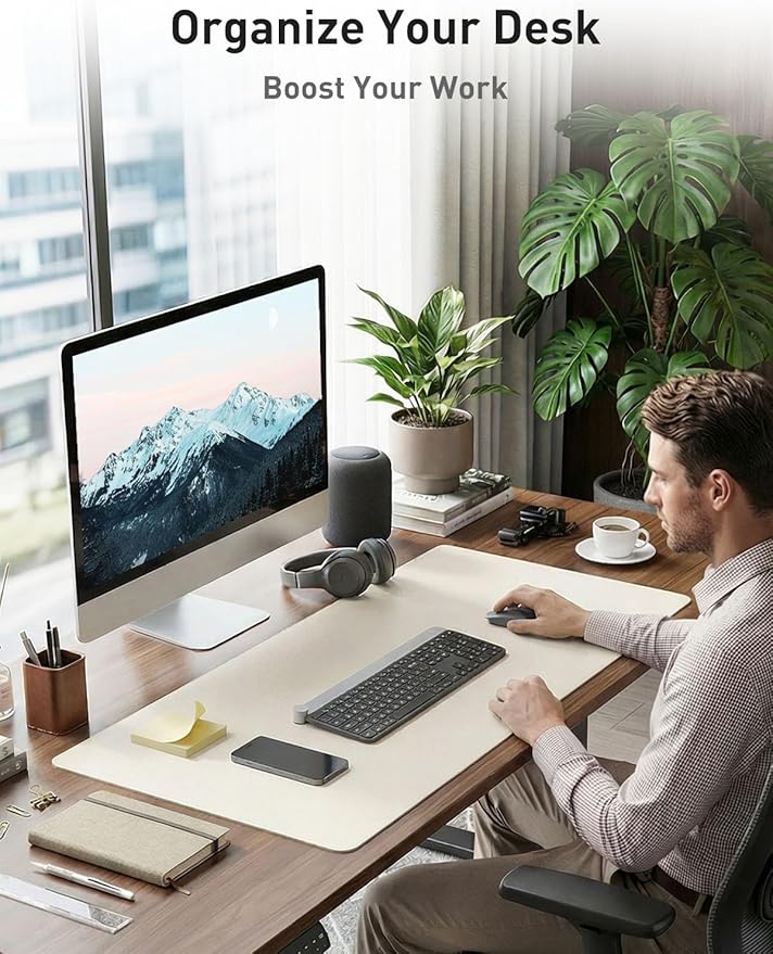 Aothia Faux Leather Desk Mat - Non-Slip PU Leather Desk Blotter, Waterproof Writing Surface, Large Desk Pad for Office & Home (Off-White, 55" x 24")