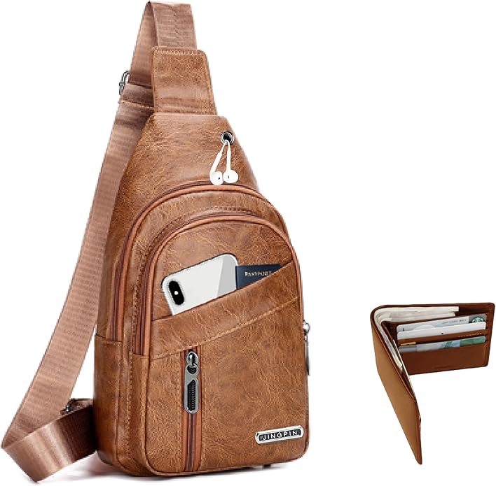 Sling Bag Set, PU Leather Sling Bag, Multi-Zipper Design for Travel, Outdoors, Valentine’s Day Gifts