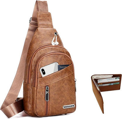 Sling Bag Set, PU Leather Sling Bag, Multi-Zipper Design for Travel, Outdoors, Valentine’s Day Gifts