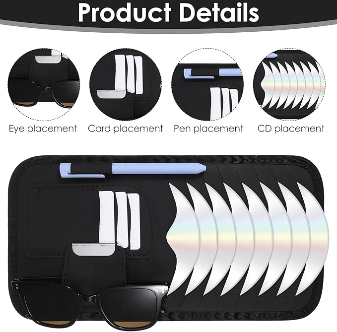 Tyqour Car CD Holder Case PU Leather Vehicle Sun Visor Organizer DVD Storage Holder for Car Visor Case with 8 Storage Sleeves Black