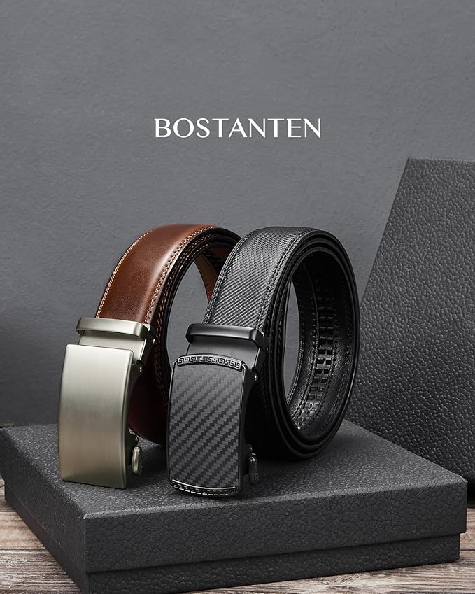 BOSTANTEN Ratchet Leather Belt For Men 2 Pack Dress and Casual with Adjustable Buckle, Trim to Fit