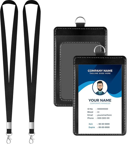 PU Leather ID Badge Holder Extra Thick ID Card Name Badge Holder with 1 Clear ID Window 1 Credit Card Slot for Office Staffs, Teachers/Students, Workers, Cruise Cards, Bus/Metro Cards (2 Pack Black)
