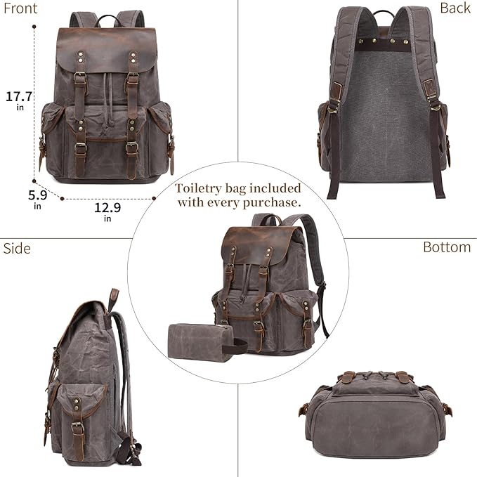 Wogarl Vintage Leather Canvas Backpack, Waxed Canvas Shoulder Rucksack with Toiletry Shoulder Rucksack for Traveling, Camping, Hiking,Business College Fits 17inch Laptop,Grey