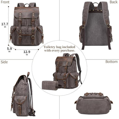 Wogarl Vintage Leather Canvas Backpack, Waxed Canvas Shoulder Rucksack with Toiletry Shoulder Rucksack for Traveling, Camping, Hiking,Business College Fits 17inch Laptop,Grey
