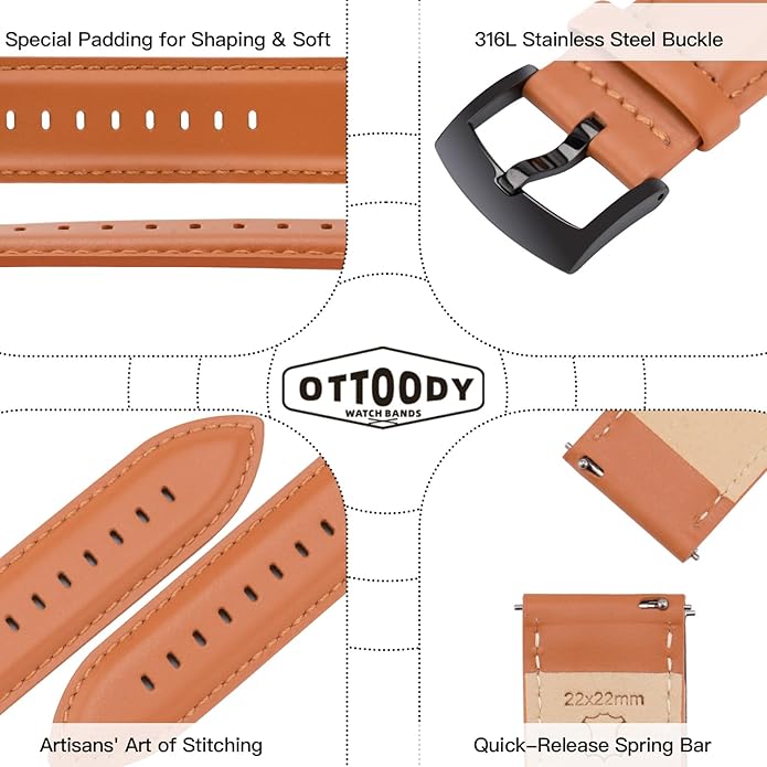 OTTOODY Leather Watch Bands Quick Release, Elegant Top Grain Leather Watch Straps for Men & Women, Choice of Color & Width - 18mm, 19mm, 20mm, 21mm or 22mm Wristbands Bracelet for Watch & Smartwatch