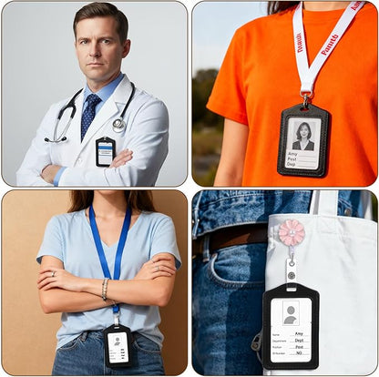 Yuanchu 4 Pcs Leather ID Badge Holders, Vertical Double-Sided Clear Card Holders Waterproof Name Badge Reel for Office Staff Employees ID Credit Cards(Black)