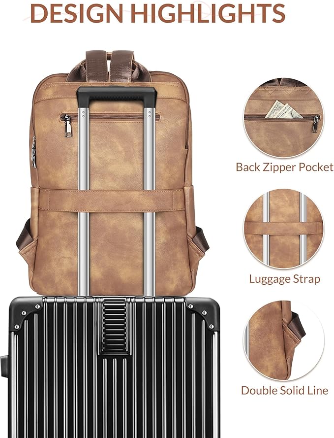 SYTRAH Leather Backpack for Women, Vintage 15.6 inch Laptop Backpack Purse for Women, College Casual Backpacks Ladies Computer Bags for Travel Business Work Camel
