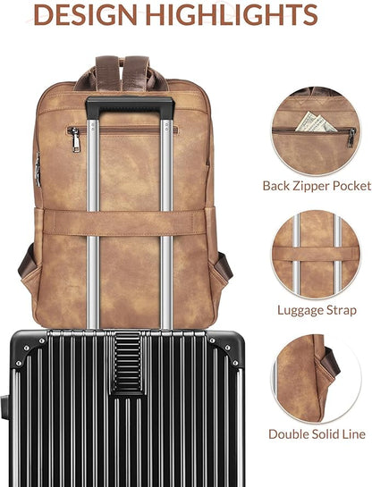 SYTRAH Leather Backpack for Women, Vintage 15.6 inch Laptop Backpack Purse for Women, College Casual Backpacks Ladies Computer Bags for Travel Business Work Camel