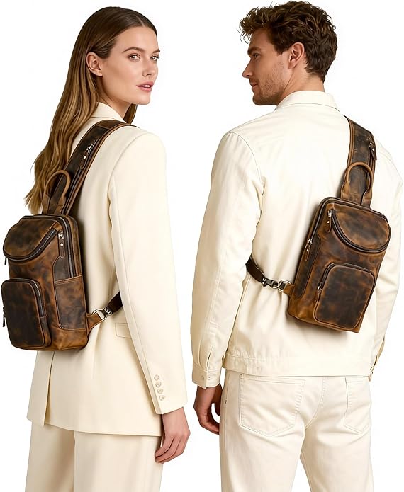Thick Crazy horse Leather Triangle Crossbody Sling Chest Bag Travel One Shoulder Bag Daypack For Men Male 3028