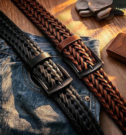 BULLIANT Men Belt 2Pack,Braided Woven Leather Belt For Men Golf Casual Jeans 1 3/8"