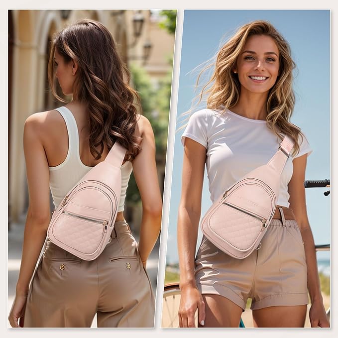 Crossbody Bags for Women Men,Leather Sling Bag Cross Body Backpack for Women, Casual Chest Bag Daypack for Travel Hiking, Pink