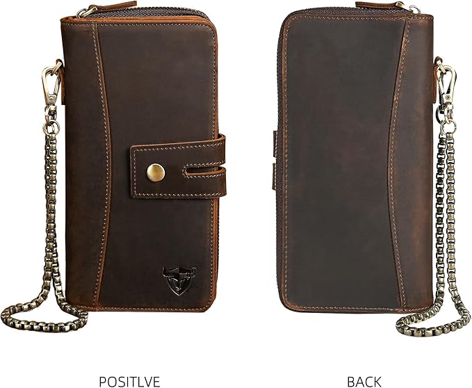Genuine Crazy Horse Leather Travel Gift Coin Pocket Card Case Long Organizer Chain Rfid Wallet Purse With Snap For Men Male 1803 1815 (1814 Brown)