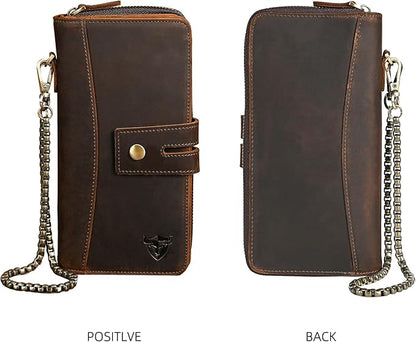 Genuine Crazy Horse Leather Travel Gift Coin Pocket Card Case Long Organizer Chain Rfid Wallet Purse With Snap For Men Male 1803 1815 (1814 Brown)
