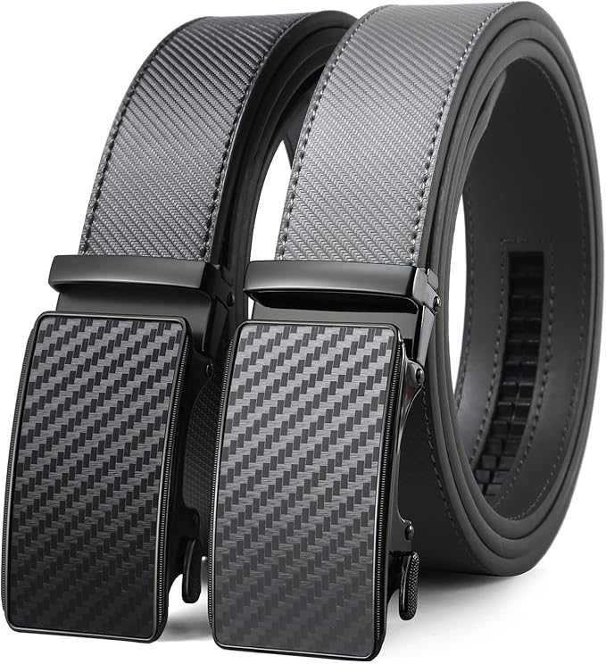 2 Pack Ratchet Belt 1 3/8", Mens leather Dress Belt in Gift Set Size 28"-62" Adjustable waist Trim to Fit