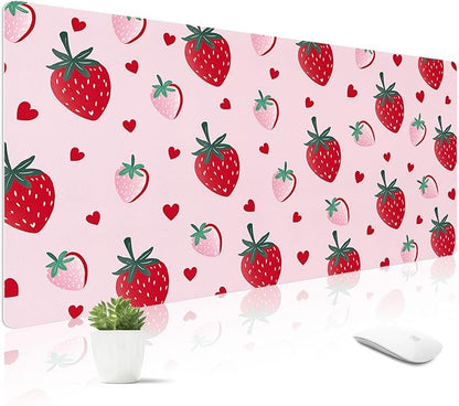 Mouse Pad Leather Desk Mat Large Keyboard Cute Office Desktop Computer Laptop XXL Long Big Aesthetic Modern Design Women Girls Gaming Gamer Oversized Wide Mousepad 31.5"x15.7", Strawberry