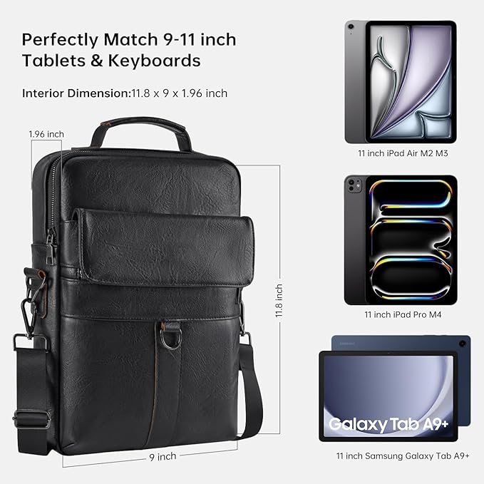 11 inch iPad Sleeve Carrying Leather Bag for 2026 iPad Pro 11 M5 M4 & iPad Air 11 M4 M3 M2, iPad A16 with Magic Keyboard, Protective Padded Travel Shoulder Crossbody Case with Handle, Black