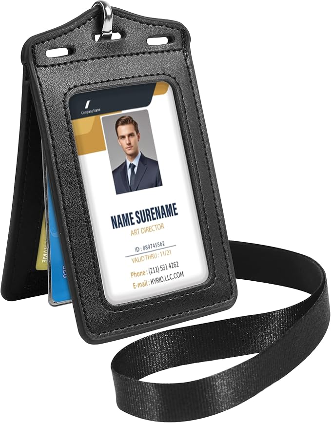 Badge Holder with Lanyard,Trifold Leather ID Card Holder with Clear ID Window,5 Card Slots for Name Tag,Credit Card,Bank Card and Passport(Black)