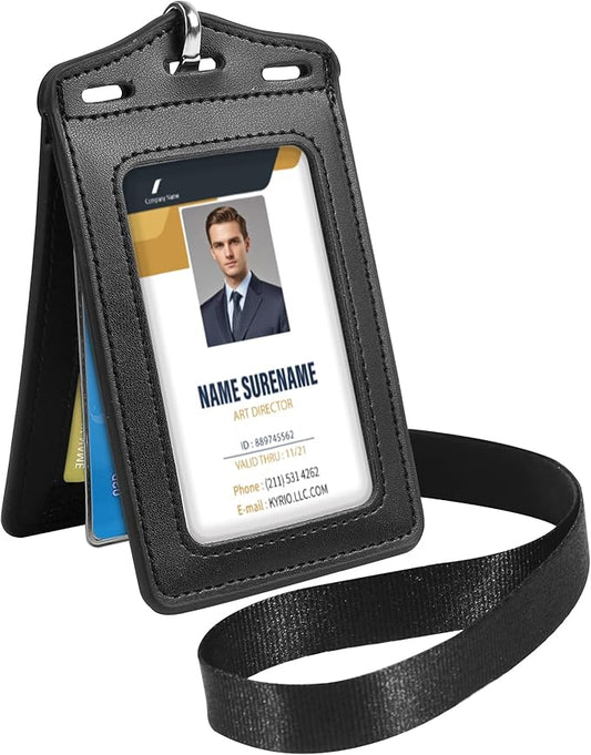Badge Holder with Lanyard,Trifold Leather ID Card Holder with Clear ID Window,5 Card Slots for Name Tag,Credit Card,Bank Card and Passport(Black)