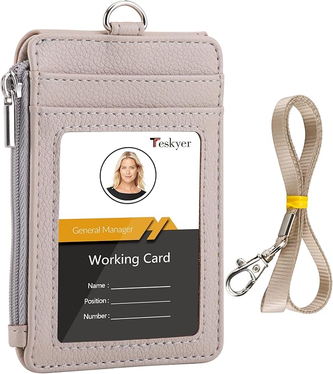 Teskyer Badge Holder with Side Zip Pocket, Multiple Card Slots Leather ID Holder Wallet with Neck Lanyard for Office Staffs, Teachers/Students, Workers, Cruise Cards, Bus/Metro Cards, Lichee Beige
