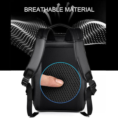 CHAO RAN Leather Laptop Backpack for Men Fit 15.6 Inch Laptop, Business Work Office College Medium Backpack with USB Charging Port, Waterproof Black Travel Bag (Black19)