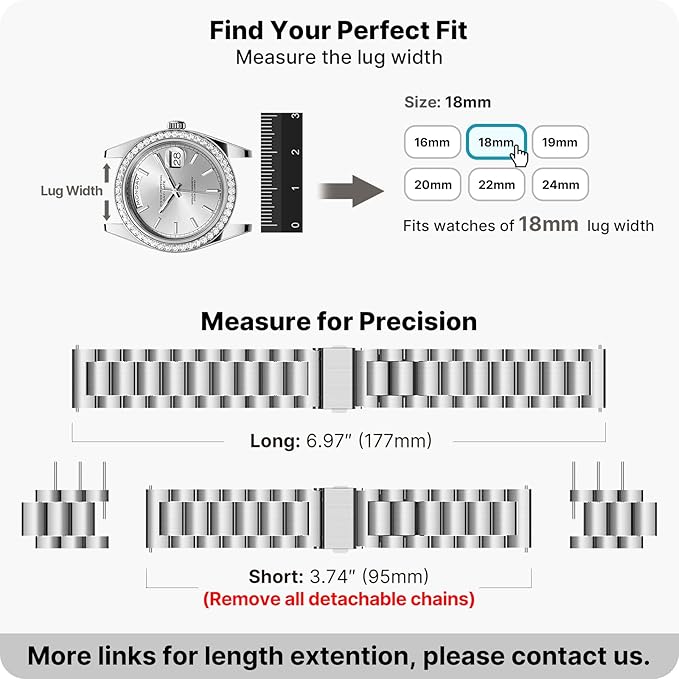 Fullmosa 18mm Stainless Steel Watch Band, Quick Release Metal Replacement Strap with Removable Links, Includes Spring Bars & Link Removal Tool for Men Women (Silver)