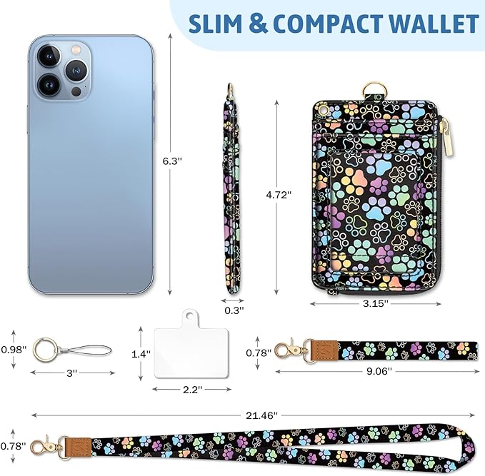 Piefly Cute Dog Paw Lanyard Wallet with ID Badge Holder, Small RFID Wallet Women Keychain Wristlet, Slim Credit Card Holder with Zipper Pocket Phone Lanyard Wrist Strap Name Tag Office Teacher Gift