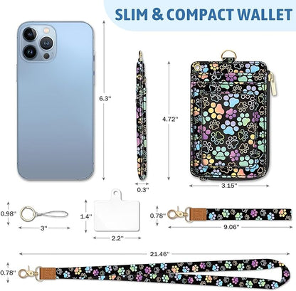 Piefly Cute Dog Paw Lanyard Wallet with ID Badge Holder, Small RFID Wallet Women Keychain Wristlet, Slim Credit Card Holder with Zipper Pocket Phone Lanyard Wrist Strap Name Tag Office Teacher Gift