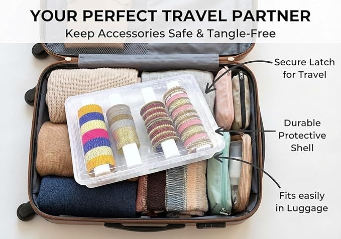 Multipurpose Plastic Storage Box with 4 Adjustable Rods l Storing Box For Bangles, Chuda, Kada, Watches, Scrunchies I (Transparent_Big_4-Rod)