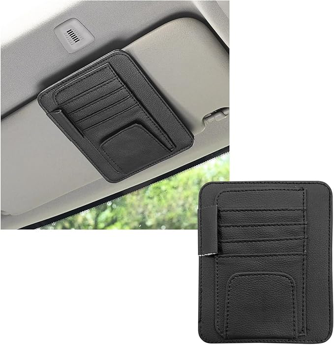 Dickno Small Leather Car Sun Visor Organizer, Multifunctional Auto Visor Document Holder with Sunglasses Clip, Universal Car Interior Organizer for Drving License, Card, Pen (Black)