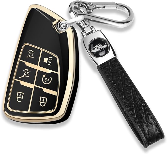 QBUC for Chevy Key Fob Cover with Keychain Soft TPU Protection Case Compatible with 2021-2026 Chevy Tahoe Suburban GMC Yukon Denali Silverado 6-Buttons(Gold Trim Black)