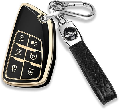 QBUC for Chevy Key Fob Cover with Keychain Soft TPU Protection Case Compatible with 2021-2026 Chevy Tahoe Suburban GMC Yukon Denali Silverado 6-Buttons(Gold Trim Black)