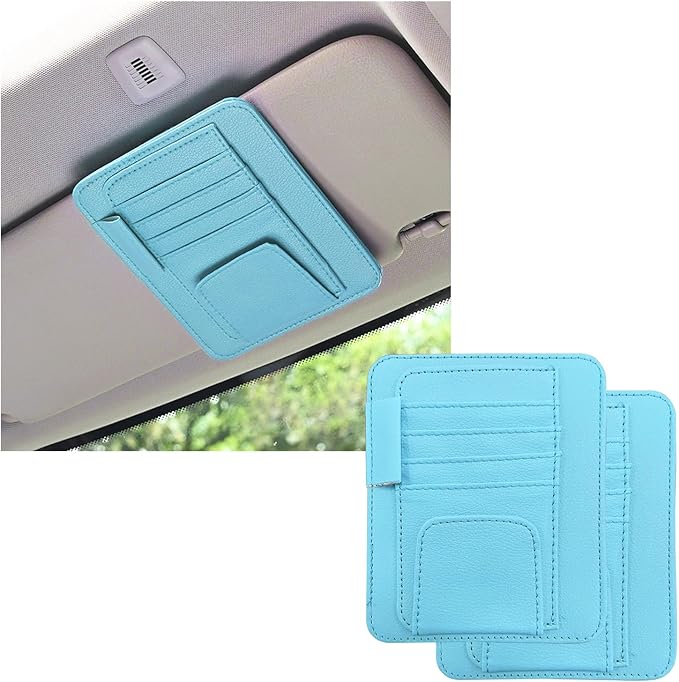 Dickno 2PCS Small Leather Car Sun Visor Organizer, Multifunctional Auto Visor Document Holder with Sunglasses Clip, Universal Car Interior Organizer for Drving License, Card, Pen (Blue)