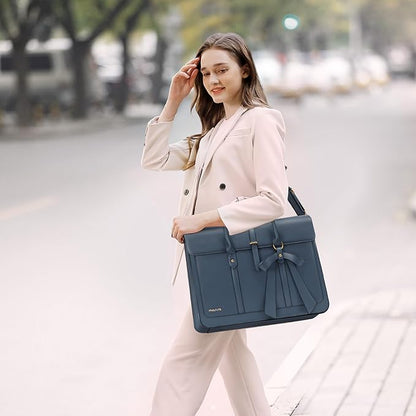 MOSISO Laptop Bag for Women, 15-15.6 inch PU Leather Laptop Shoulder Bags Convertible Backpack, 16 inch Messenger Bags Casual Handbag Work Briefcase Travel Computer Bag with Bowknot, Peacock Blue