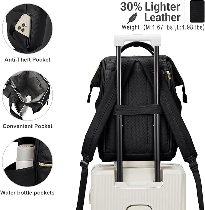 Kah&Kee Leather Laptop Backpack for Women, 14-15 Inch Professional Work Bag, Water-Resistant Vegan Leather Doctor Bag Backpack for Teacher, Nurse & Travel, Fits MacBook Air 15 (Black,Medium)
